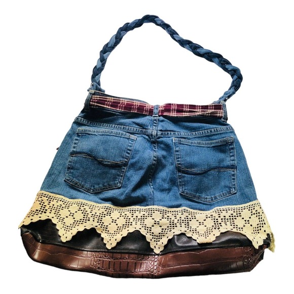 Upcycled Denim Blue Jean Purse Handbag Handmade Lace Faux Leather Levi's - Picture 5 of 6